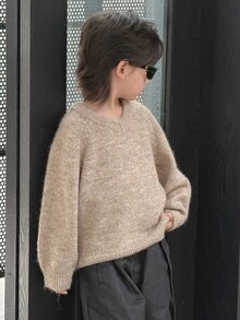 Dazy Kids Boys (Small) V-Neck Long Sleeve Casual Loose Thick Inner Layer Sweater, Autumn/Winter - Apricot - View 5