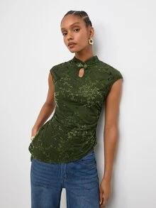 Maija Dark Green Velvet Jacquard Women's Top New Chinese Style Frog Button Short Sleeve Summer Waist-Cinching Slim Fit Elegant Vintage 90s Retro Brunch - Green - View 5