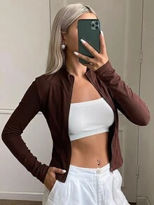 DAZY 女款小立領長袖修身豹紋休閒防曬薄款基礎層外套 秋季 - 棕色 - 查看 5