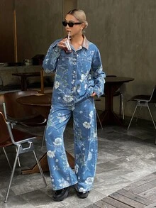 DAZY Women's Floral Print All-Over Loose Denim Jacket And Straight Leg Pants Vacation Style Denim Set Fall - Medium Wash - View 5