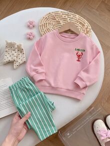 SHEIN Conjunto de sudadera con estampado de dibujos animados & pantalones a rayas para bebé niña - Rosa - Ver 5