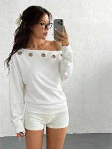 SHEIN EZwear 女款純色不對稱肩部鏤空設計長袖運動衫，休閒極簡主義秋冬款 - 白色 - 查看 7