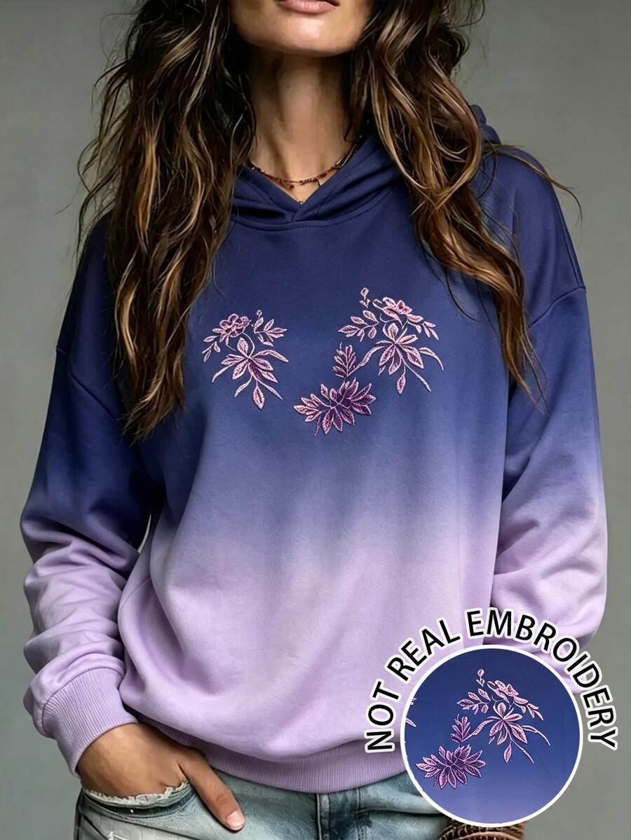 Trelyra Women's Plant Print Gradient Color Long Sleeve Hooded Sweatshirt - Purple - View 1