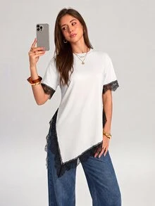 Firerie Women's Lace Patchwork Casual Versatile Daily Wear T-Shirt - Black and White - View 3