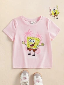 SpongeBob SquarePants | SHEIN Young Girl Cute Cartoon Graphic Print Round Neck Short Sleeve T-Shirt Comfortable - Pink - View 1