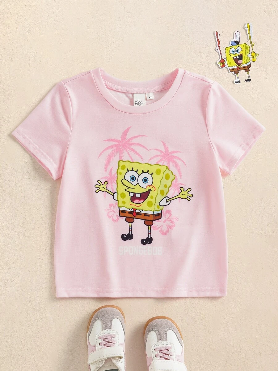 SpongeBob SquarePants | SHEIN Young Girl Cute Cartoon Graphic Print Round Neck Short Sleeve T-Shirt Comfortable - Pink - View 1