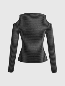 ROMWE Grunge Punk Punk Black & Grey Striped Knit Eye Print Casual Women's T-Shirt - Dark Grey - View 7