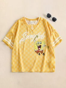 SpongeBob SquarePants | SHEIN Tween Boy Letter Cartoon Print Casual Daily Short Sleeve T-Shirt - Yellow - View 1