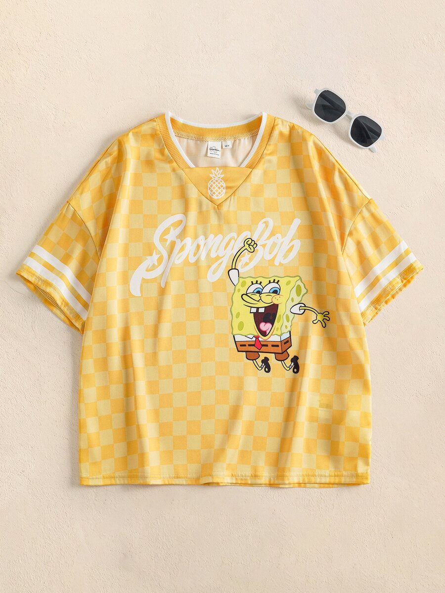 SpongeBob SquarePants | SHEIN Tween Boy Letter Cartoon Print Casual Daily Short Sleeve T-Shirt - Yellow - View 1