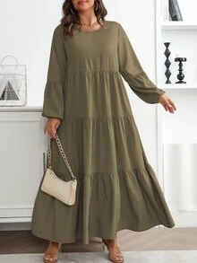 Vionelle 大尺碼女款春夏純色圓領燈籠袖荷葉邊鬆身休閒長洋裝女裝套裝 - 橄欖綠 - 查看 3