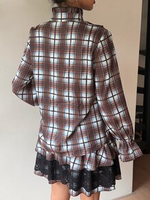 SHEIN New Vintage Preppy Commuter Plaid Ruffle Collar Long Sleeve Blouse & Lace Patchwork Ruffle Hem Mini Skirt 2-Piece Set For Women - Multicolor - View 2