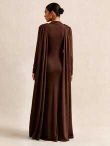 Vesra Gaun Wanita Polos Lengan Panjang Berlipit dengan Desain Pita, Potongan Slim Fit, Elegan - Coklat - View 2