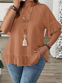 EMERY ROSE Plus Size Solid Ruffle Trim Round Neck Short Sleeve Loose Blouse Spring Summer 2026 - Rust Brown - View 1