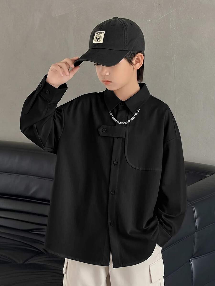 Tween Boy Kids Casual Comfortable Black Long Sleeve Shirt,Collared Open Front Loose Basic Winter Top,Y2K Set,Summer Back-To-School,School,Formal - Black - View 1