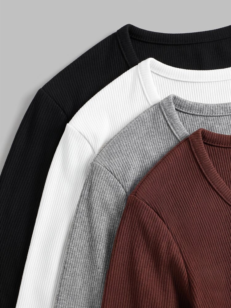Tween Girls Autumn/Winter White Black Grey Blue Square Neck Long Sleeve Knitted Fitted Multi-Color Versatile All-Match Minimalist Undershirt T-Shirt 4pcs Set - Multicolor - View 4