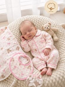 SHEIN Vintaside Kids 新生兒舒適柔軟保暖米色獅子熊貓熊月亮兔子印花領口鈕扣前開長袖連身衣 4件/1 - 彩色 - 查看 7
