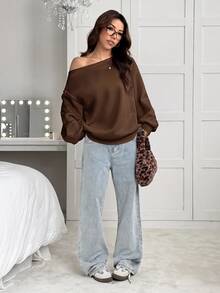 SHEIN EZwear 女款寬鬆棕色保暖內裡不對稱肩領衛衣，秋冬款 - 棕色 - 查看 4