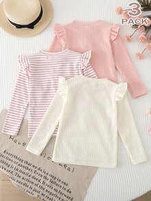 Toddler Girls Polyester Round Neck Long Sleeve Striped Embroidery Ruffle Regular Regular Fit Princess T-Shirt Back To School Fall Multicolor - Multicolor - View 2