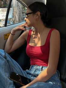 DAZY 女款夏季純色露背性感背心 - 紅色 - 查看 2