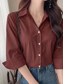 DAZY 女款百搭單排扣長袖襯衫，適合辦公與通勤，秋季穿搭 - 咖啡棕 - 查看 6