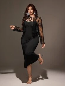 Viva Relle Setelan 2 Potong Seksi Elegan Ukuran Plus untuk Pesta Musim Gugur/Dingin - Hitam - View 3