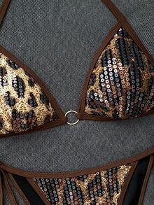 Bonvoyette Women's Sexy Sequin Fabric Halter Bikini Set Suitable For Beach Vacation Party - Brown - View 4