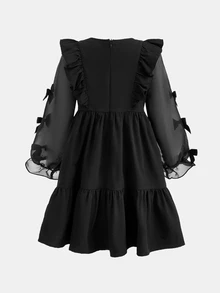 SHEIN Kids Young Girl Casual Daily Fashion Petal Sleeve Black Round Neck Patchwork A-Line Dress - Black - View 2