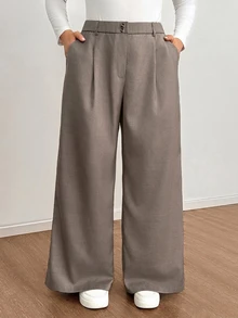 Shapeblank Plus-Size Women's Spring And Autumn Fashion Casual Loose Comfortable Everyday Basic Khaki Wide-Leg Pants,Simple Style,Women Bottom,Work Pants - Grey - View 3