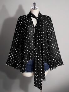 SHEIN ICON Áo sơ mi chiffon cổ chữ V thắt nơ ruy băng, tay chuông rộng, chấm bi phong cách vintage Y2K, xuyên thấu, viền bèo nhún, dáng rộng, size lớn - Đen và trắng - Xem 3