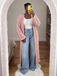 Slaydiva Cardigan Rajut Wanita Ukuran Besar, Mantel Panjang Rajut Kabel Berongga Warna Nude, Mantel Duster Depan Terbuka untuk Musim Gugur - Berwarna merah muda - View 7