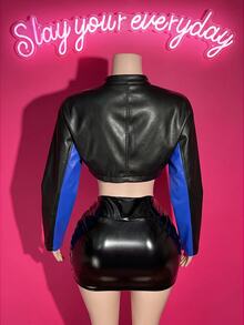 Slaydiva Women's Motorcycle Letter Print Zipper Cropped Jacket - Multicolor - View 2