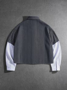 ROMWE MEN Men's Printed Pattern 2 In 1 Striped Loose Long Sleeve Shirt - Black - View 3