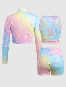 SHEIN 兒童青少年女孩彩虹星星印花針織三件套：長袖半拉鍊小立領上衣、露背細肩帶背心與單車褲運動套裝，返校穿搭 - 彩色 - 查看 5