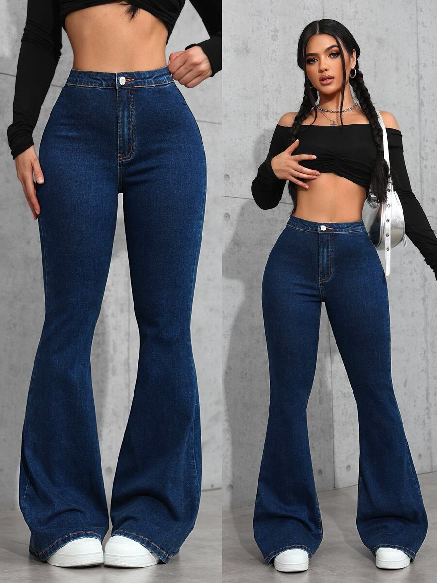 SHEIN ICON 女款鈕扣休閒百搭日常穿著喇叭牛仔褲 - 深色水洗藍 - 查看 1
