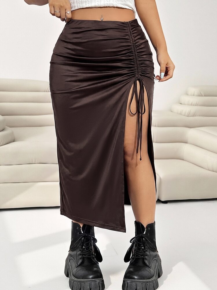 Solflare Plus Size Women Solid Color Pleated Slit Design Casual Versatile Skirt - Brown - View 7