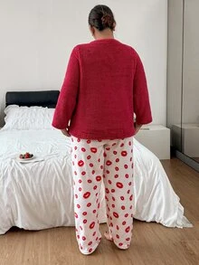 Napfluff CURVE Napfluff CURVE Plus Size Lip Print Soft Plush Comfortable Crew Neck Long Sleeve Long Pants Pajama Set - Multicolor - View 3