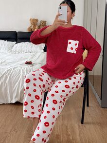 Napfluff CURVE Napfluff CURVE Plus Size Lip Print Soft Plush Comfortable Crew Neck Long Sleeve Long Pants Pajama Set - Multicolor - View 4