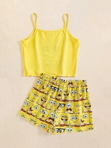 SpongeBob SquarePants | SHEIN Tween Girl Cartoon Print Cami Top And Shorts Casual Daily Home Sleepwear Set - Yellow - View 2