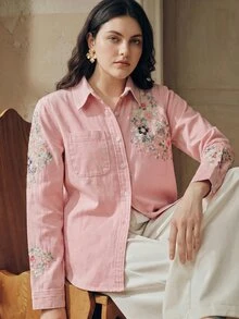 Anewsta Women's Plus Size New Fashion Exquisite Heavy Embroidery Pink Denim Top For Brunch Formal/Casual/Traditional Fall - Pink - View 5