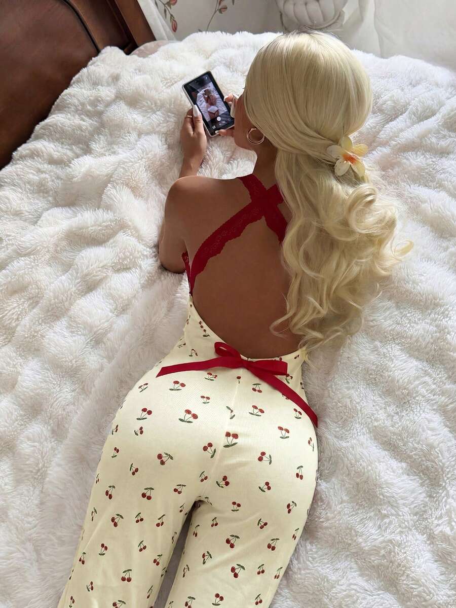 CottageSlumber Contrast Color Lace Trim Sweet Cherry Print Sexy Comfortable Home Sleepwear Jumpsuit - Multicolor - View 1