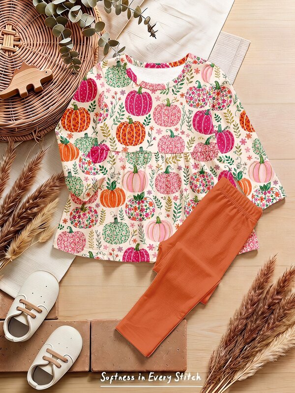Calabaza Albaricoque Naranja, Lindo Estampado de Ilustración Floral de Calabaza Colorida de Estilo Pastoral, Conjunto de Top de Manga Larga de Cuello Redondo, Vestido y Leggings de Estilo Pastoral Elegante Casual para Niñas, Adecuado para Uso Diario en Otoño/Invierno, Granja, Halloween, Fiesta de Acción de Gracias, Atmósfera Otoñal, Nuevo Estilo de Capas de Otoño