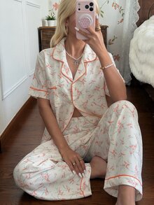 CottageSlumber Women's Floral Print Lapel Short Sleeve Long Pants Bubble Crinkle Pajama Set - Burnt Orange - View 6