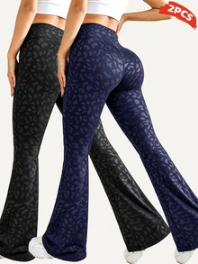 SHEIN Velisys 2件裝豹紋喇叭褲運動長褲 - 黑色 - 查看 2