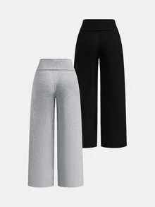 SHEIN Girlism 青少年女孩休閒百搭日常健身運動瑜伽緊身印花翻腰直筒褲 2件組，適合日常穿著 - 彩色 - 查看 2