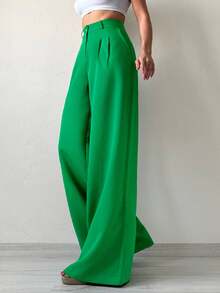 SHEIN Petite Solid Color Wide Leg Casual Long Suit Pants - Green - View 4