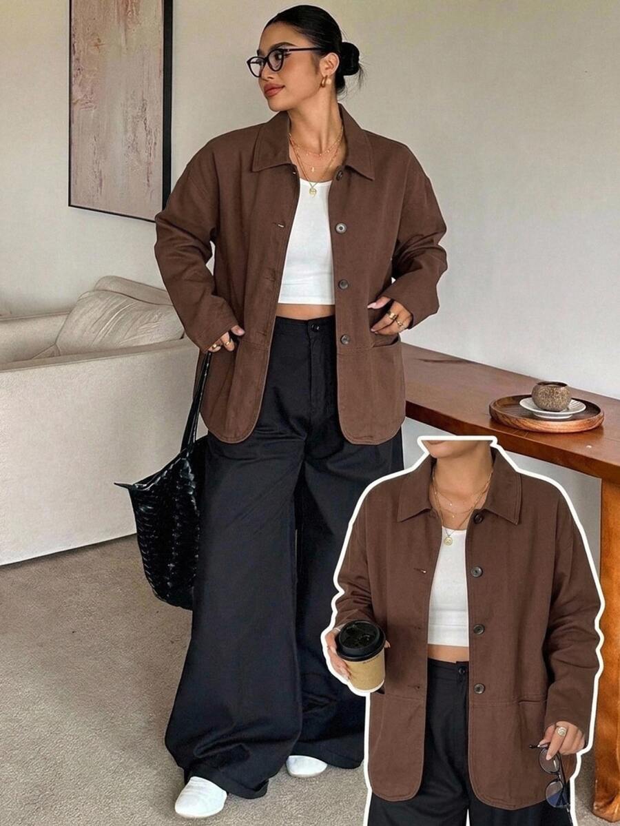 Dazy Plus Lapel Loose Long Sleeve Open Front Denim Jacket, Urban Casual Washed Denim Loose Jacket, Plus Size Autumn New Arrival - Brown - View 1