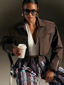 Hauture Women's Street Fashion Long Sleeve Zip-Up Jacket - Brown - View 1