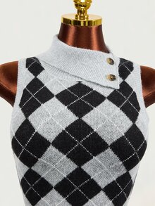 Mistrie Vintage British Style Argyle Knit Set, Half-High Neck Asymmetrical Button Sleeveless Vest & Fitted Bodycon Skirt 2 Pieces Set - Grey - View 10