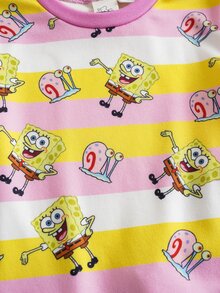 SpongeBob SquarePants | SHEIN Baby Girl Striped Short Sleeve Top And Long Pants Loungewear Set - Pink - View 4