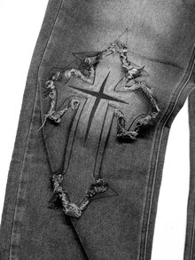 Manfinity Denimwave 男士街頭風哥德式十字印花黑白對比丹寧喇叭牛仔褲 - 灰色 - 查看 3
